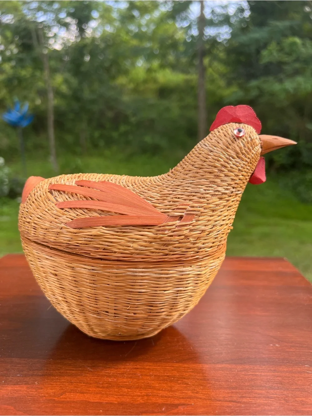 Vintage Chicken Rooster Woven Wicker Basket With Lid Farmhouse Country Cottage